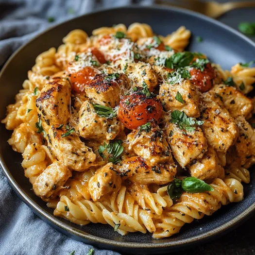 A plate of pasta with chicken and tomatoes.
