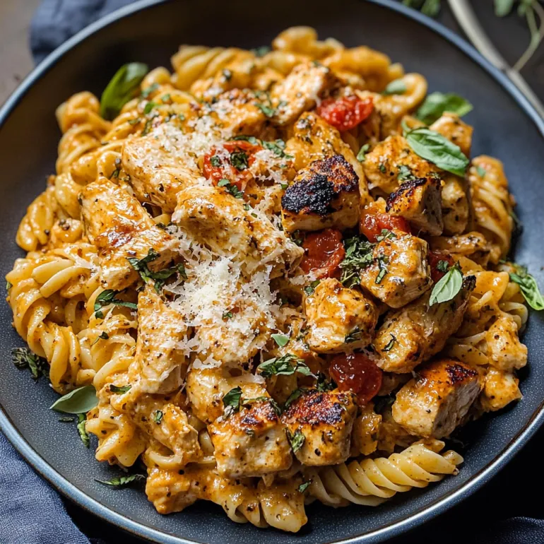 A bowl of pasta with chicken and tomatoes.