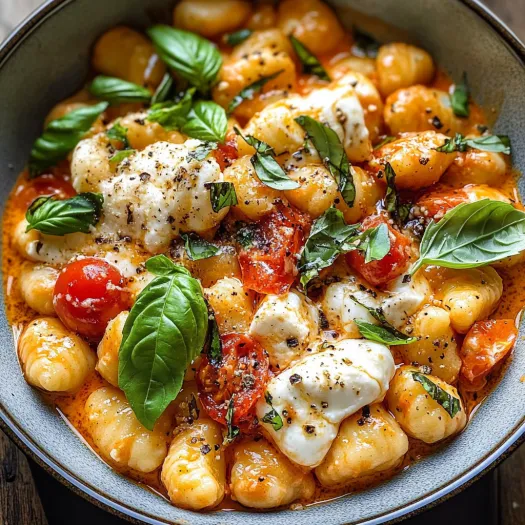 A bowl of pasta with tomatoes and basil.
