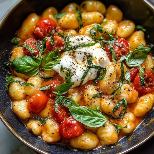 A bowl of pasta with tomatoes and basil.