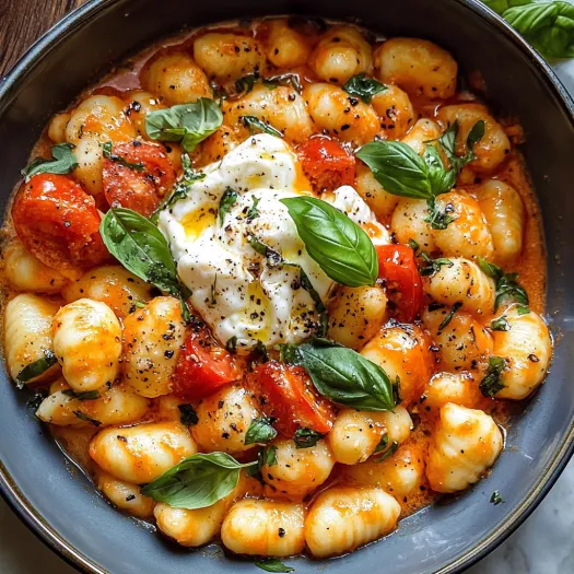 A bowl of pasta with tomatoes and basil.