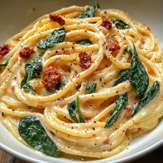 A bowl of spaghetti with spinach and sun-dried tomato cream sauce.