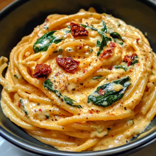 A bowl of spaghetti with spinach and sun-dried tomato cream sauce.