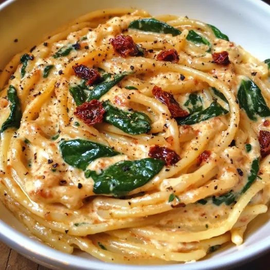 A bowl of spaghetti with spinach and sun-dried tomato cream sauce.