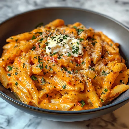 A bowl of creamy tomato garlic pasta.