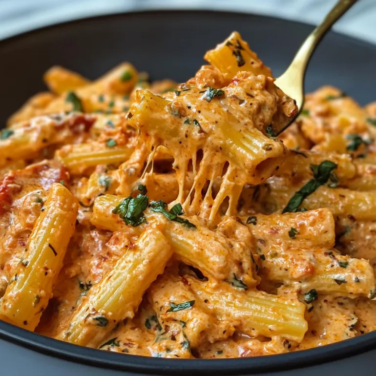 A bowl of pasta with a fork in it.
