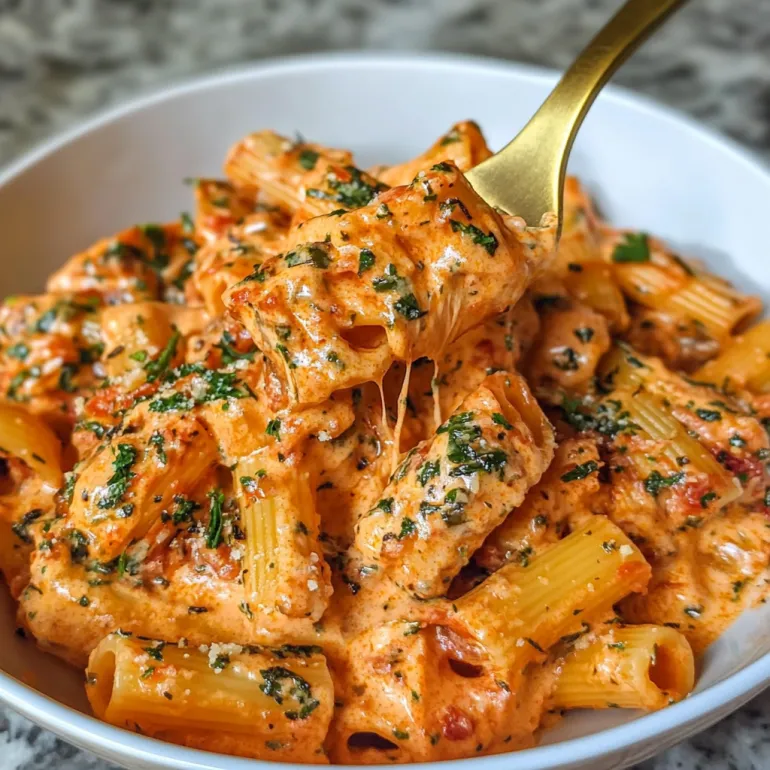 A bowl of pasta with a fork in it.
