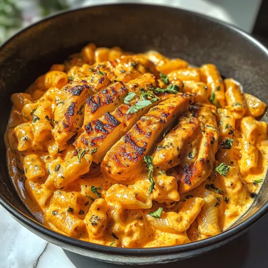 A bowl of pasta with chicken and sauce.