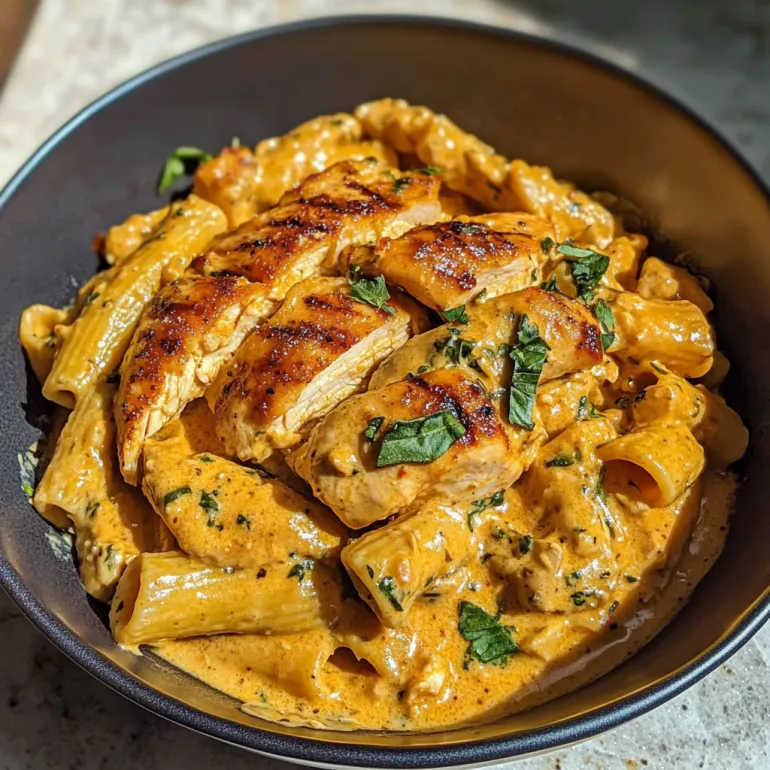 A bowl of chicken and pasta.