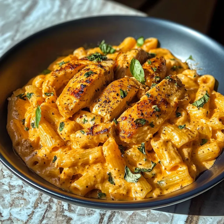 A bowl of chicken and pasta.
