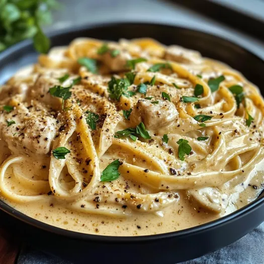 A bowl of pasta with sauce and herbs.