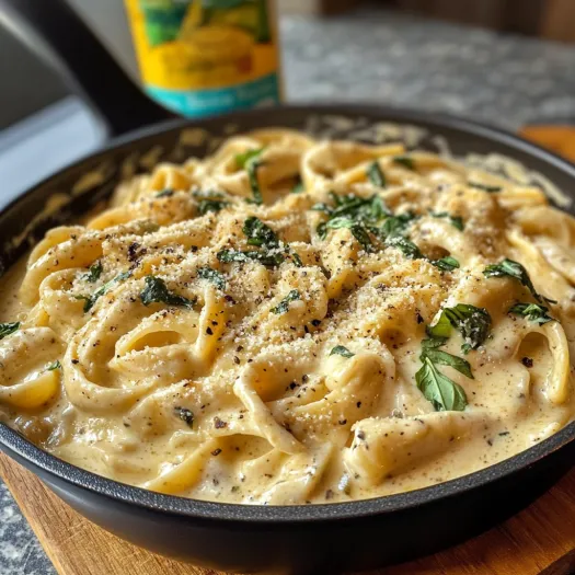 A bowl of pasta with a bottle of sauce next to it.