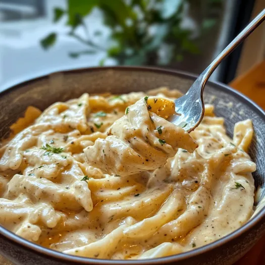 A bowl of pasta with a fork in it.