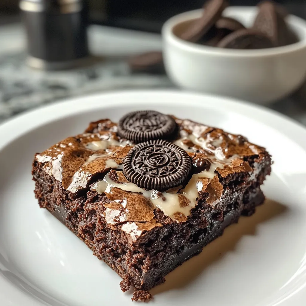 A slice of chocolate cake with Oreo cookies on top.