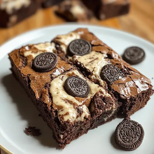 A slice of chocolate cake with Oreo cookies on top.