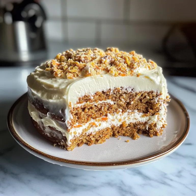 A slice of carrot cake with cream cheese frosting.
