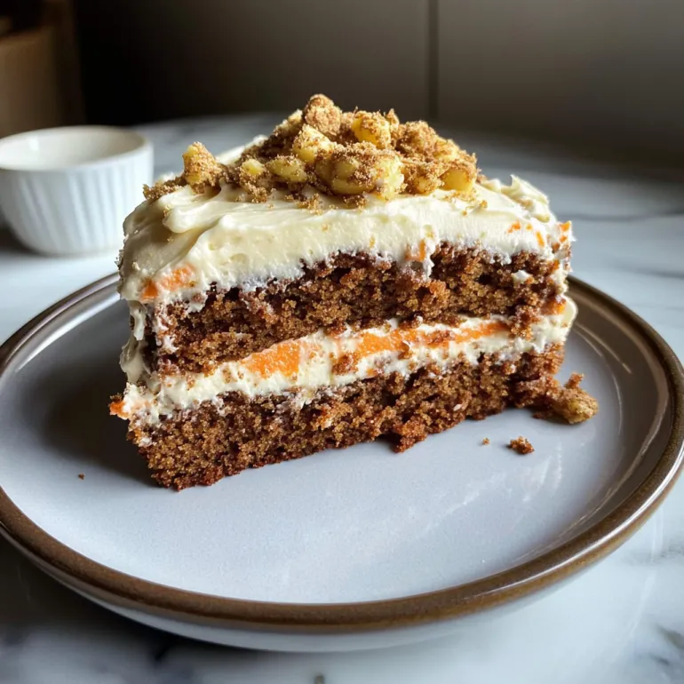 A slice of carrot cake with cream cheese frosting.