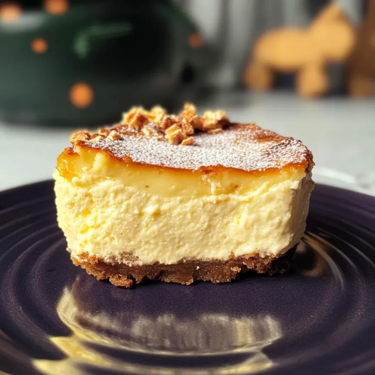 A slice of mini Basque cheesecake on a plate.