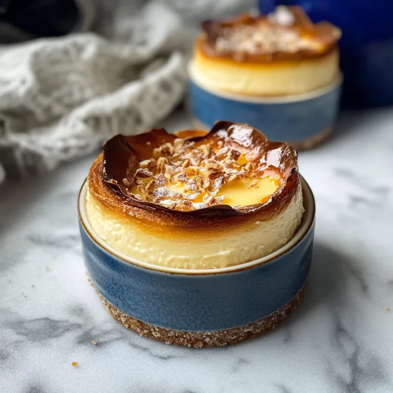 Two mini basque cheesecakes on a table.