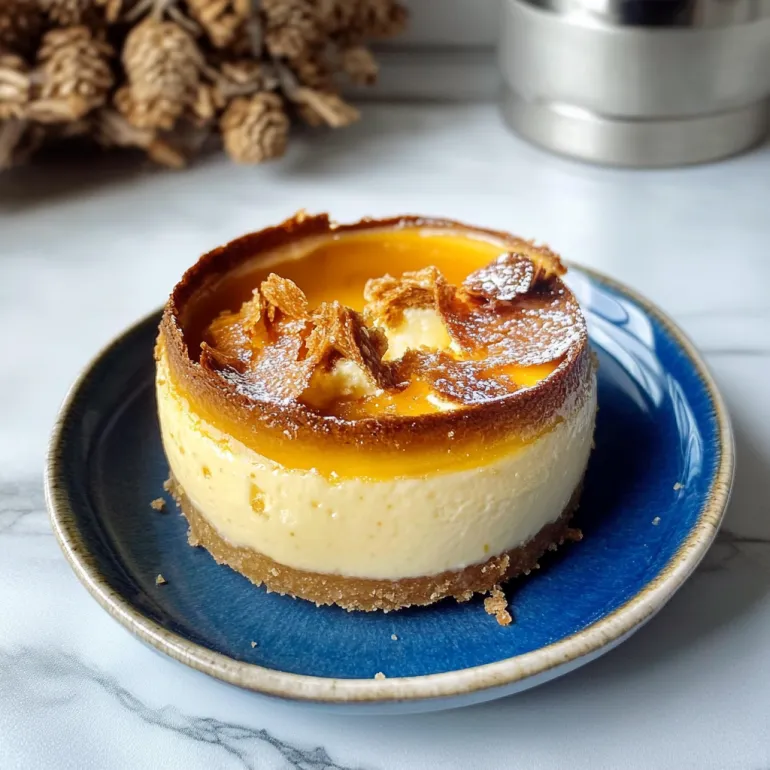 A small piece of Basque cheesecake on a blue plate.