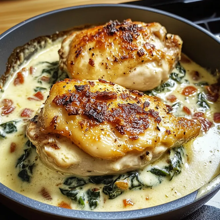 A dish of smothered chicken with creamed spinach.