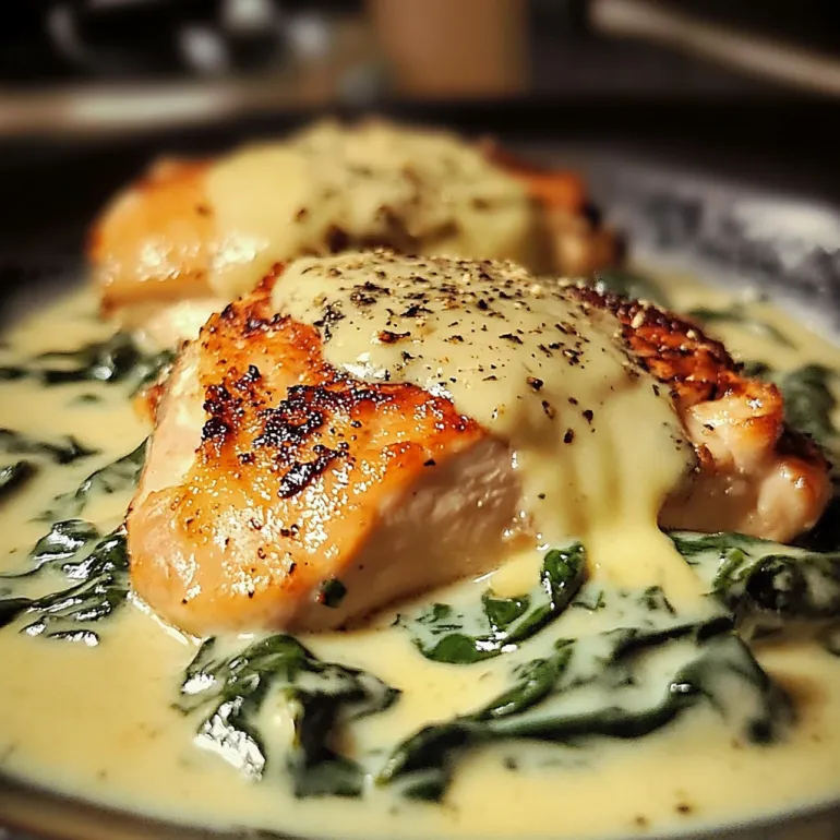 A plate of smothered chicken with creamed spinach.