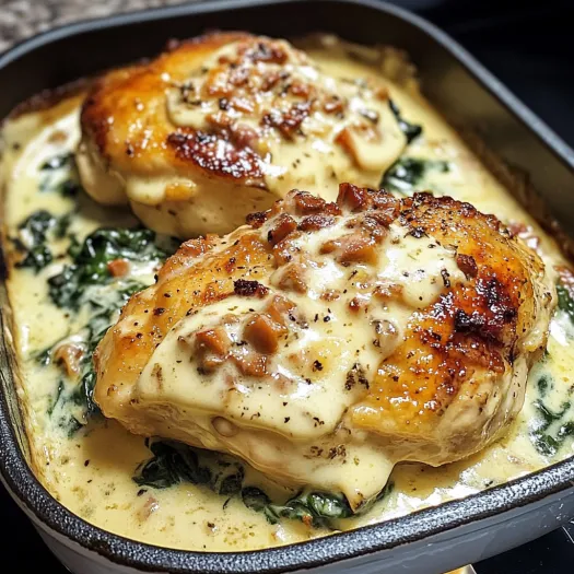 A dish of smothered chicken with creamed spinach.