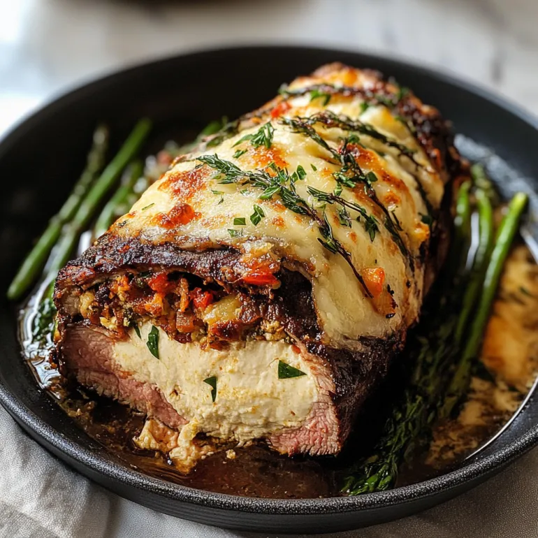 A close up of a stuffed flank steak.