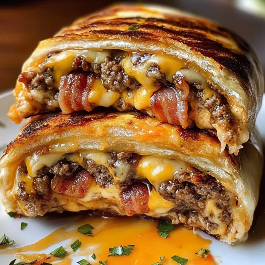 A Maple Bacon Cheeseburger Bomb is served on a white plate.