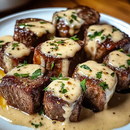 Steak bites with garlic butter and parmesan cream sauce.