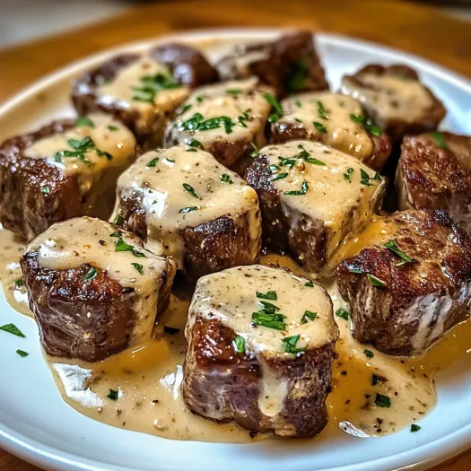 A plate of garlic butter steak bites with parmesan cream sauce.