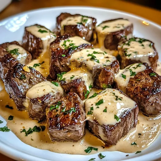 A plate of garlic butter steak bites with parmesan cream sauce.