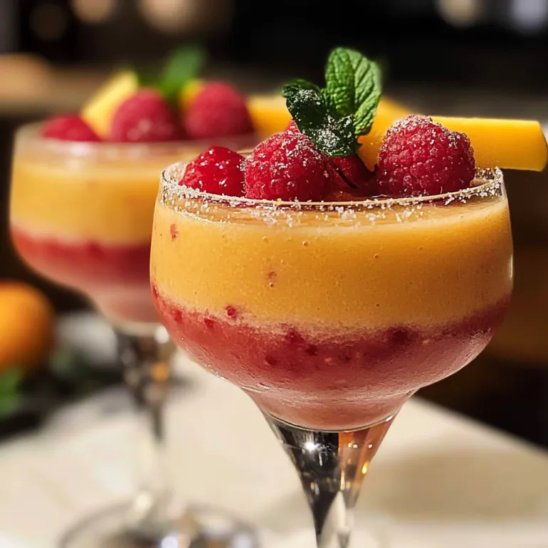 Two glasses of raspberry mango daiquiriis.