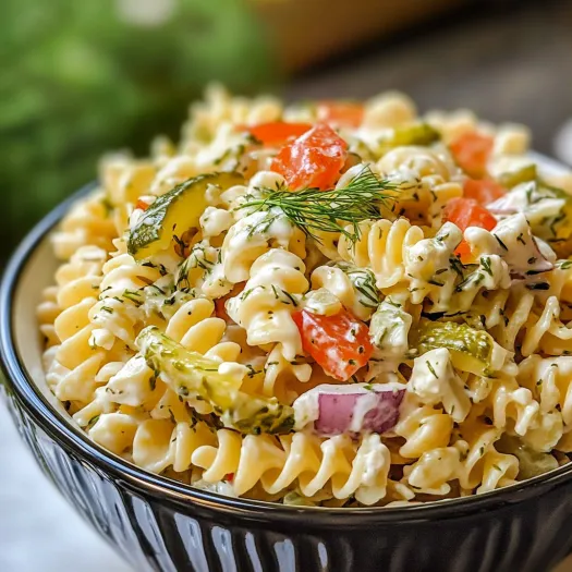 A bowl of pasta salad with dill pickles and tomatoes.