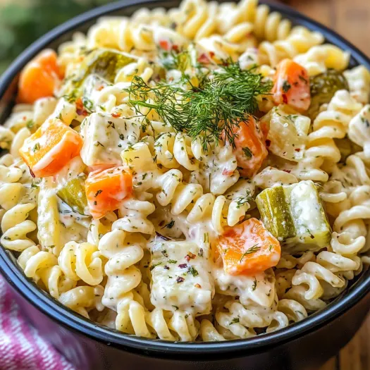 A bowl of pasta salad with dill pickles.