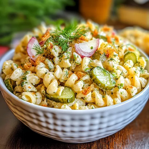 A bowl of pasta salad with dill pickles and cucumbers.