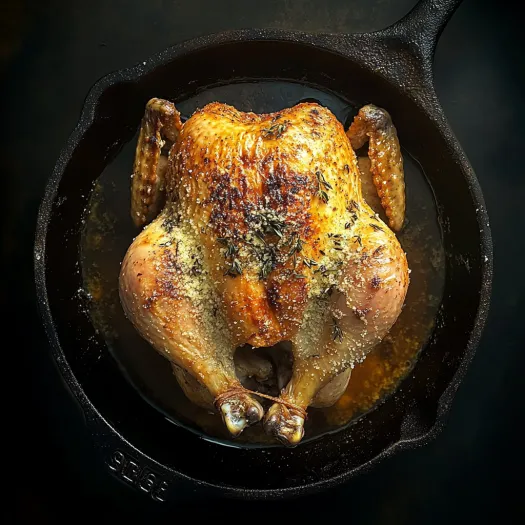 A whole chicken in a black pan with Parmesan cheese.