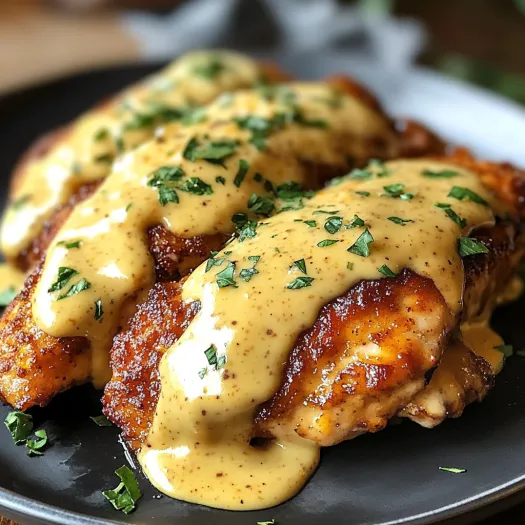 A plate of chicken with mustard and cheddar sauce.