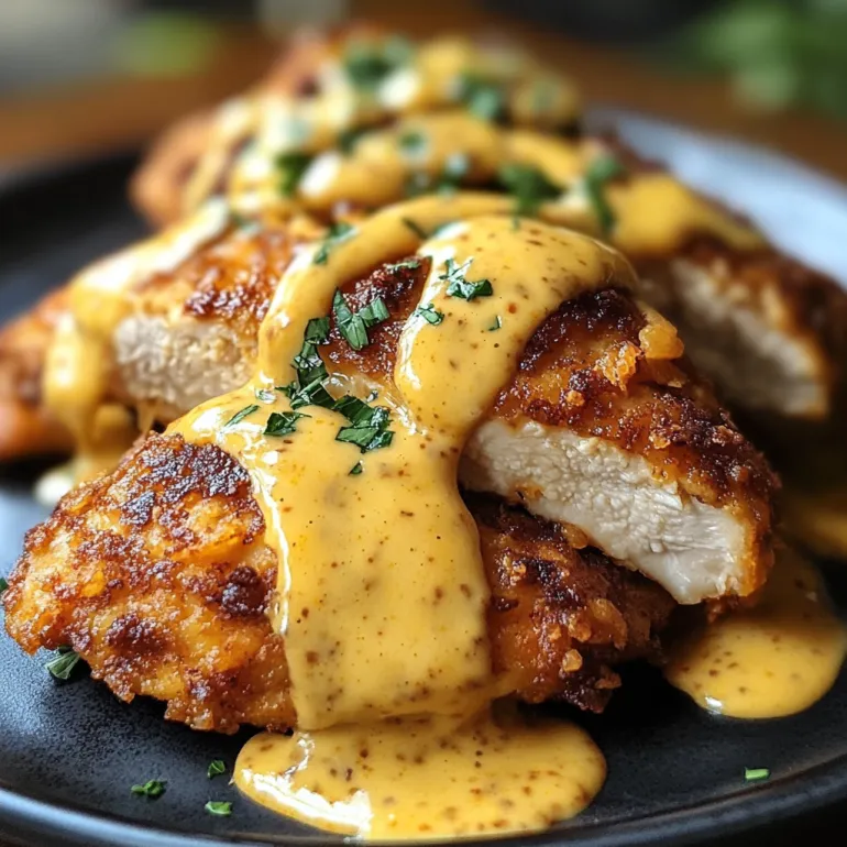 A plate of chicken with a mustard-cheddar sauce.