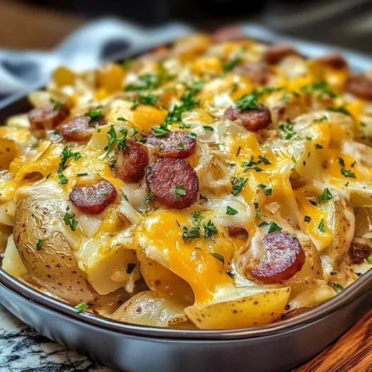 A dish of cheesy ranch potatoes and smoked sausage.