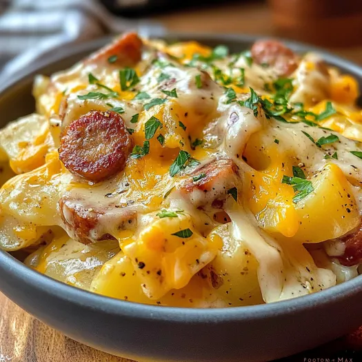 A bowl of cheesy ranch potatoes and smoked sausage.