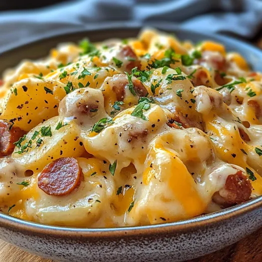 A bowl of cheesy ranch potatoes and smoked sausage.