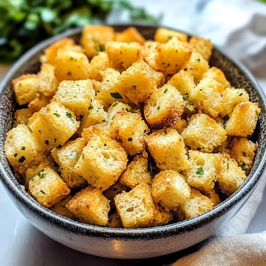 A bowl of croutons with herbs on top.