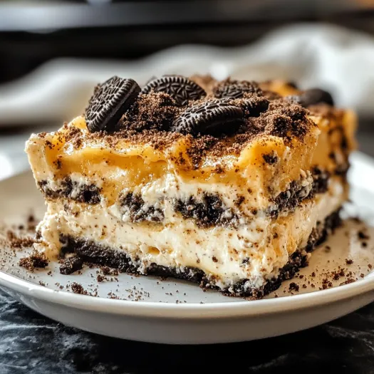 A slice of Oreo lasagna on a plate.