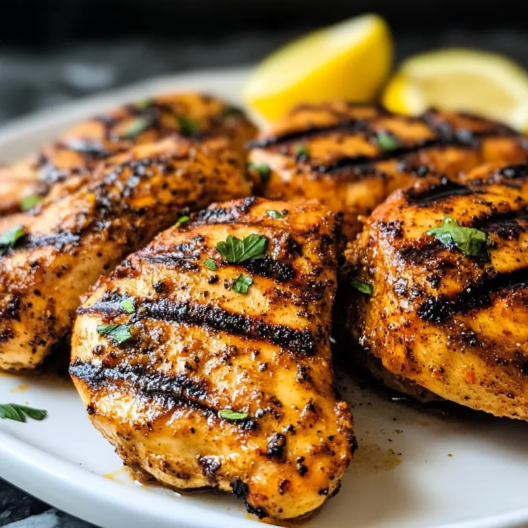 Grilled Sweet Cajun Chicken with lemon wedges.