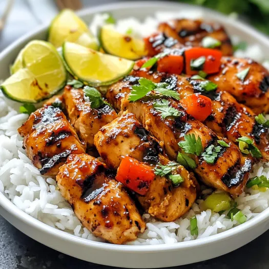 A plate of Huli Huli Chicken with rice and lime wedges.