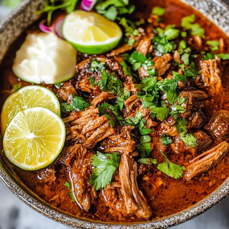 A bowl of beef birria with limes and cilantro.