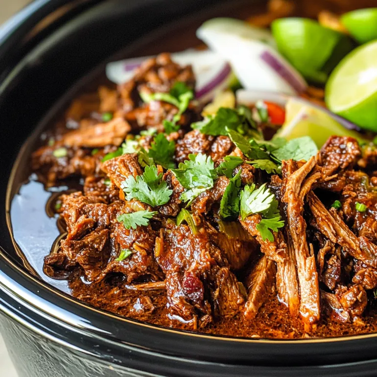 A bowl of beef birria with limes and onions.