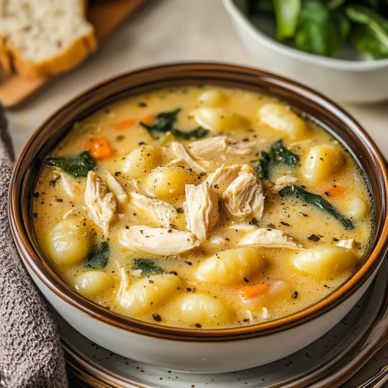 A bowl of soup with chicken and gnocchi.