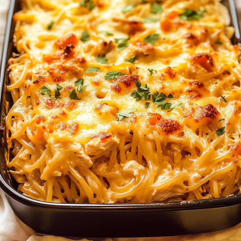 A cheesy chicken spaghetti casserole in a black dish.